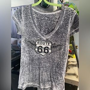 EUC ROUTE 66 T-Shirt - Grey VNeck Size:Med - Blk/White Like Denim w/ Qtr Sleeves